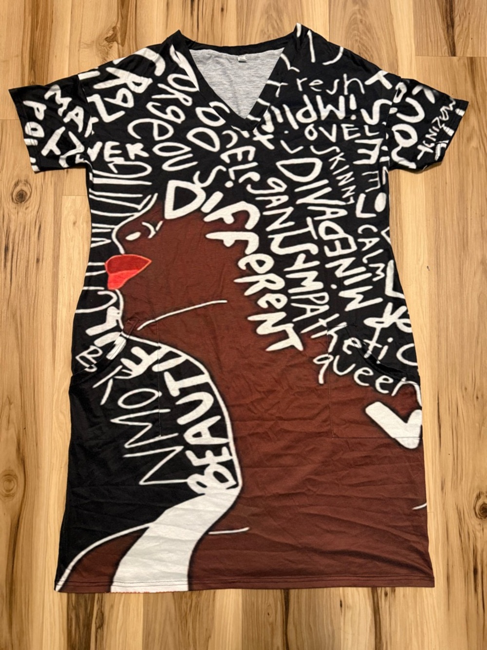 Graphic V-Neck Dress with Script & Profile Motif - Black, Brown, White, Red